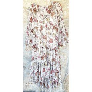 Mossimo XS Maxi High Low Dress Cream Floral Cottagecore Boho Flowy Sleeve EUC